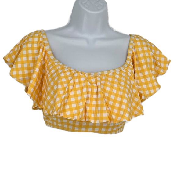 Bikini Swimsuit Ruffle Bandeau Top in Gingham Yellow and White Size Large - Picture 1 of 5